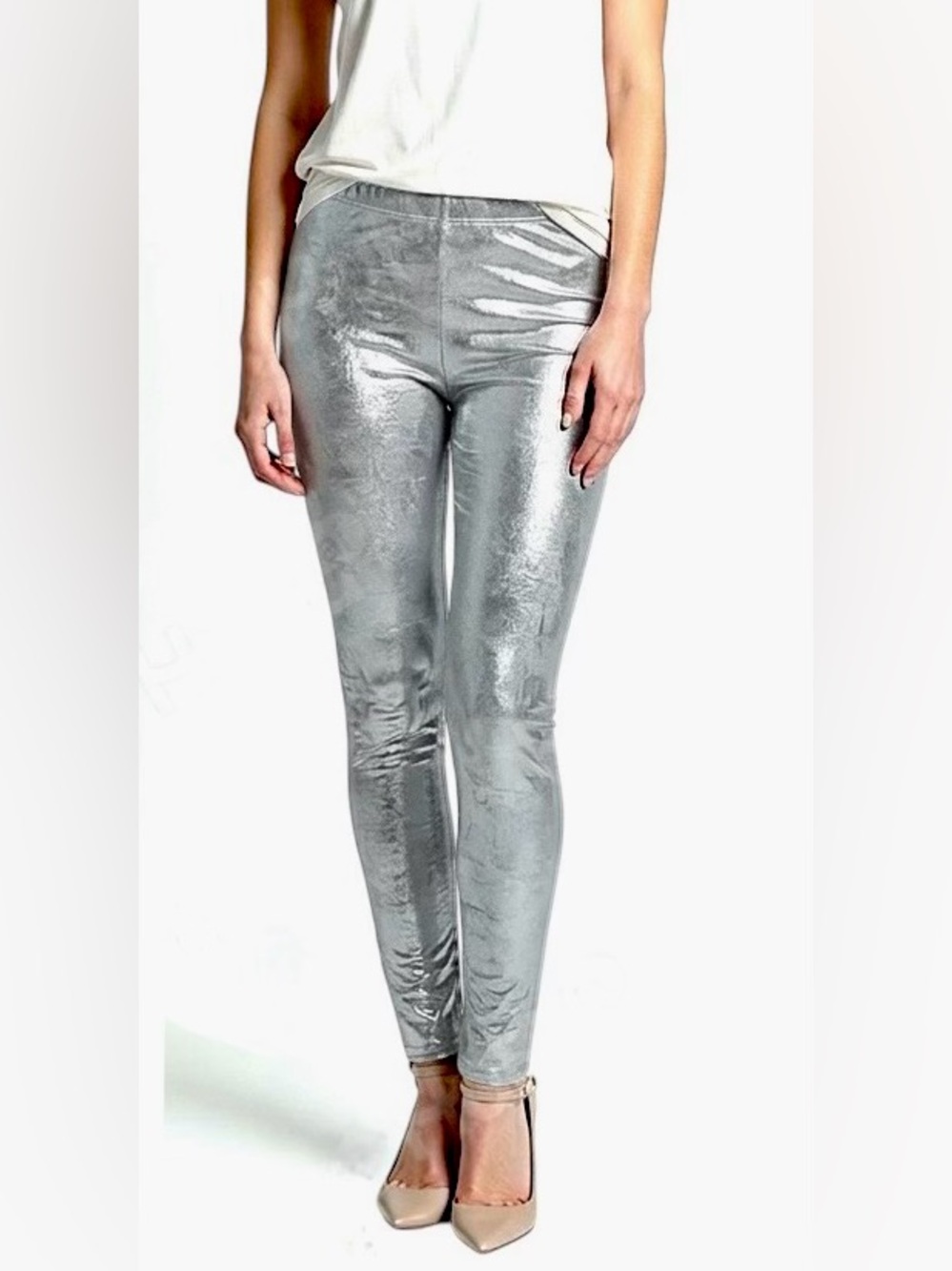 Vintage Liquid Silver Foil Members Only Leggings
